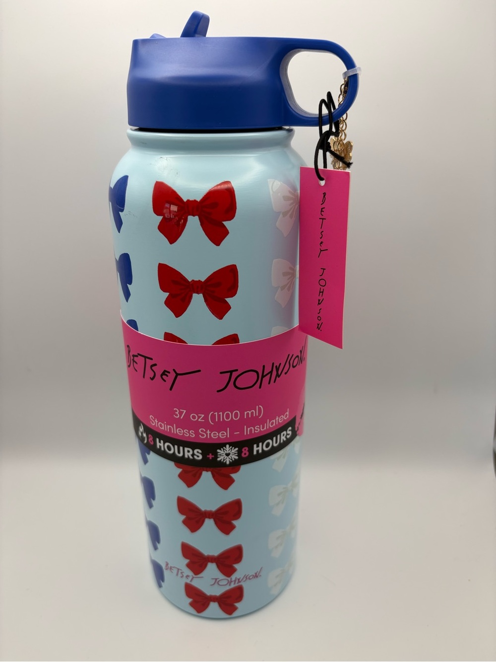 Betsey Johnson Light Blue Water/Drink Tumbler w/ Red, White & Blue Bows & Charm